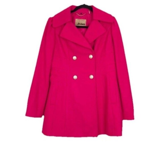 Guess Los Angeles Hot Pink Wool Blend Pea Coat Gold Buttons Feminine Cut SZ S - Picture 1 of 8